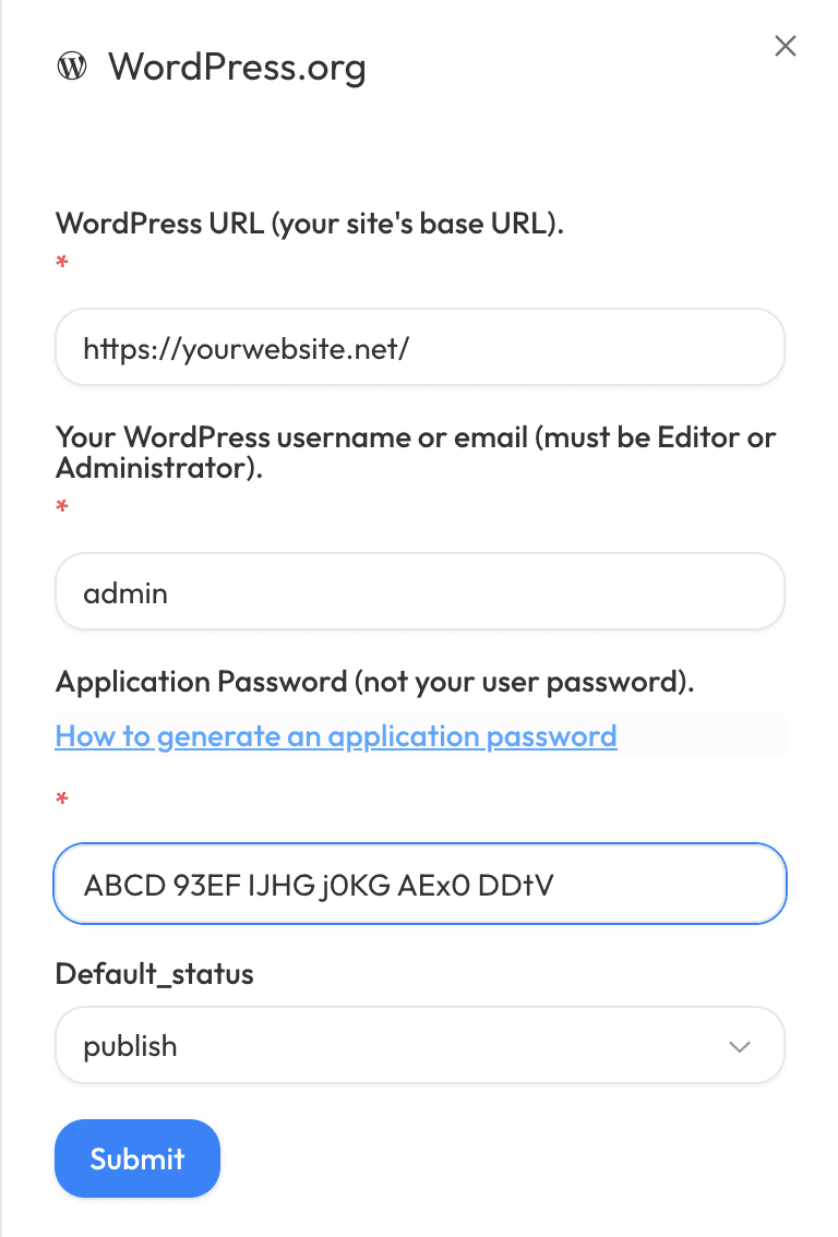Enter Wordpress.org integration settings