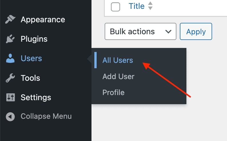 WordPress Admin — select Users > All Users